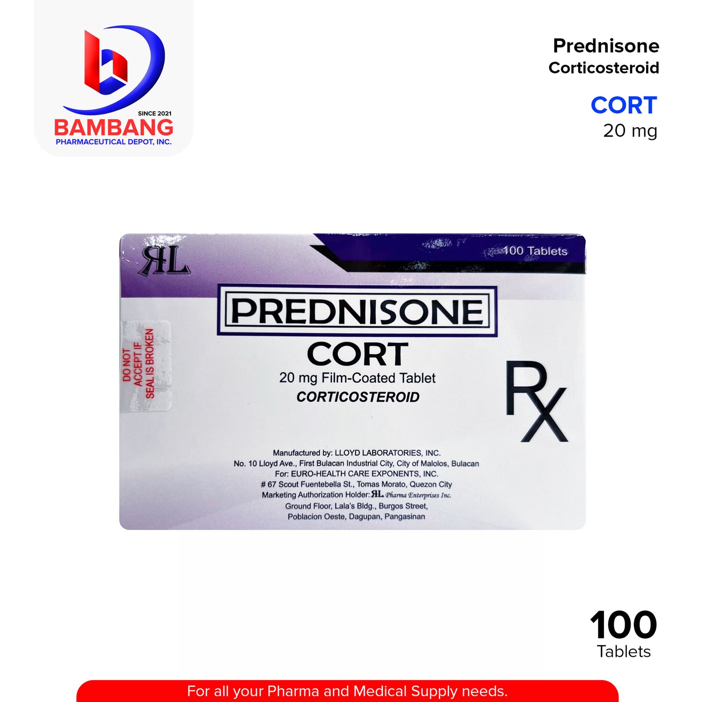 CORT Prednisone Corticosteroid 20 mg Film Coated Tablet 100's