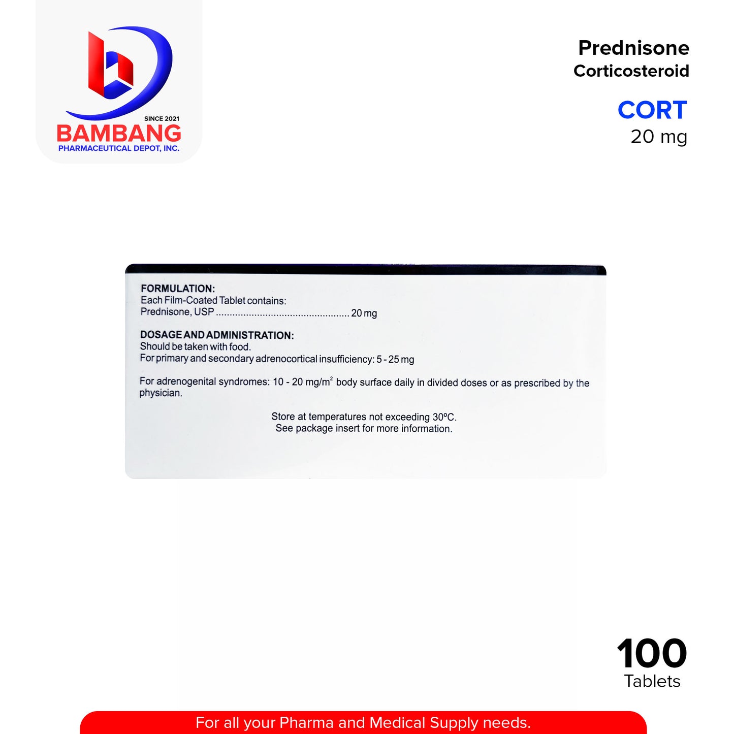 CORT Prednisone Corticosteroid 20 mg Film Coated Tablet 100's