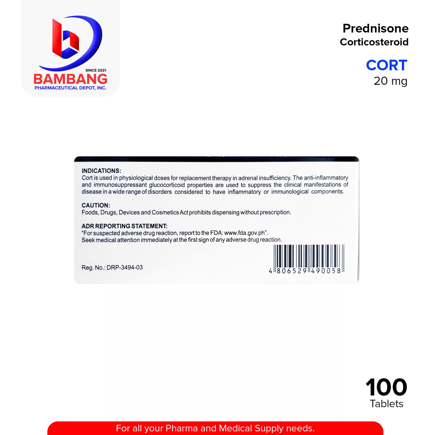 CORT Prednisone Corticosteroid 20 mg Film Coated Tablet 100's