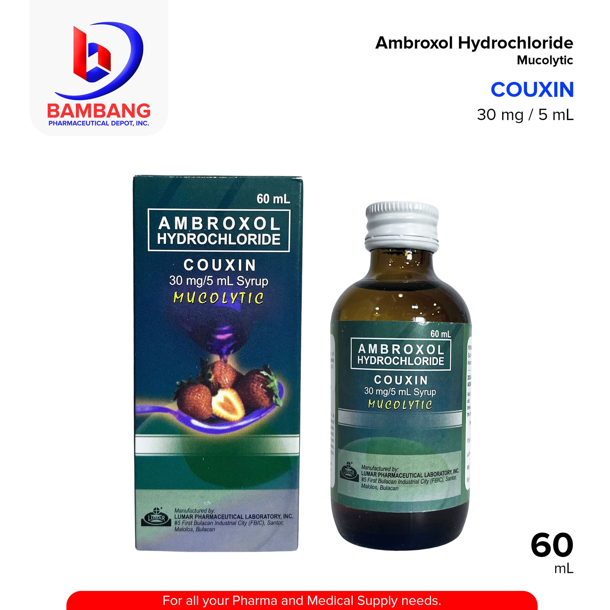 COUXIN Ambroxol Hydrocholoride Mucolytic 30mg/5ml Syrup 60mL