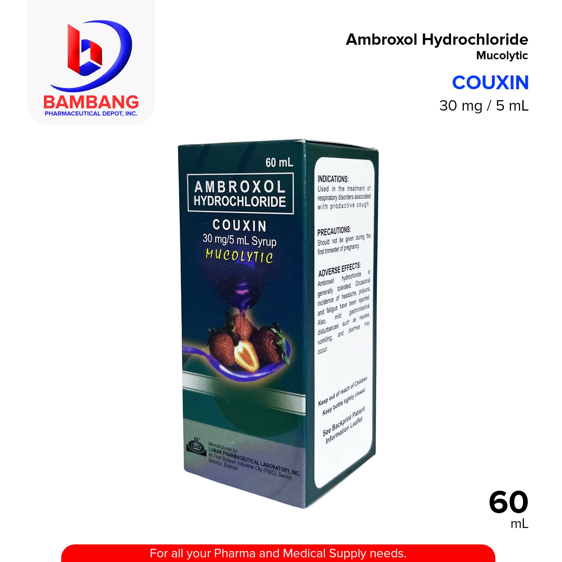 COUXIN Ambroxol Hydrocholoride Mucolytic 30mg/5ml Syrup 60mL