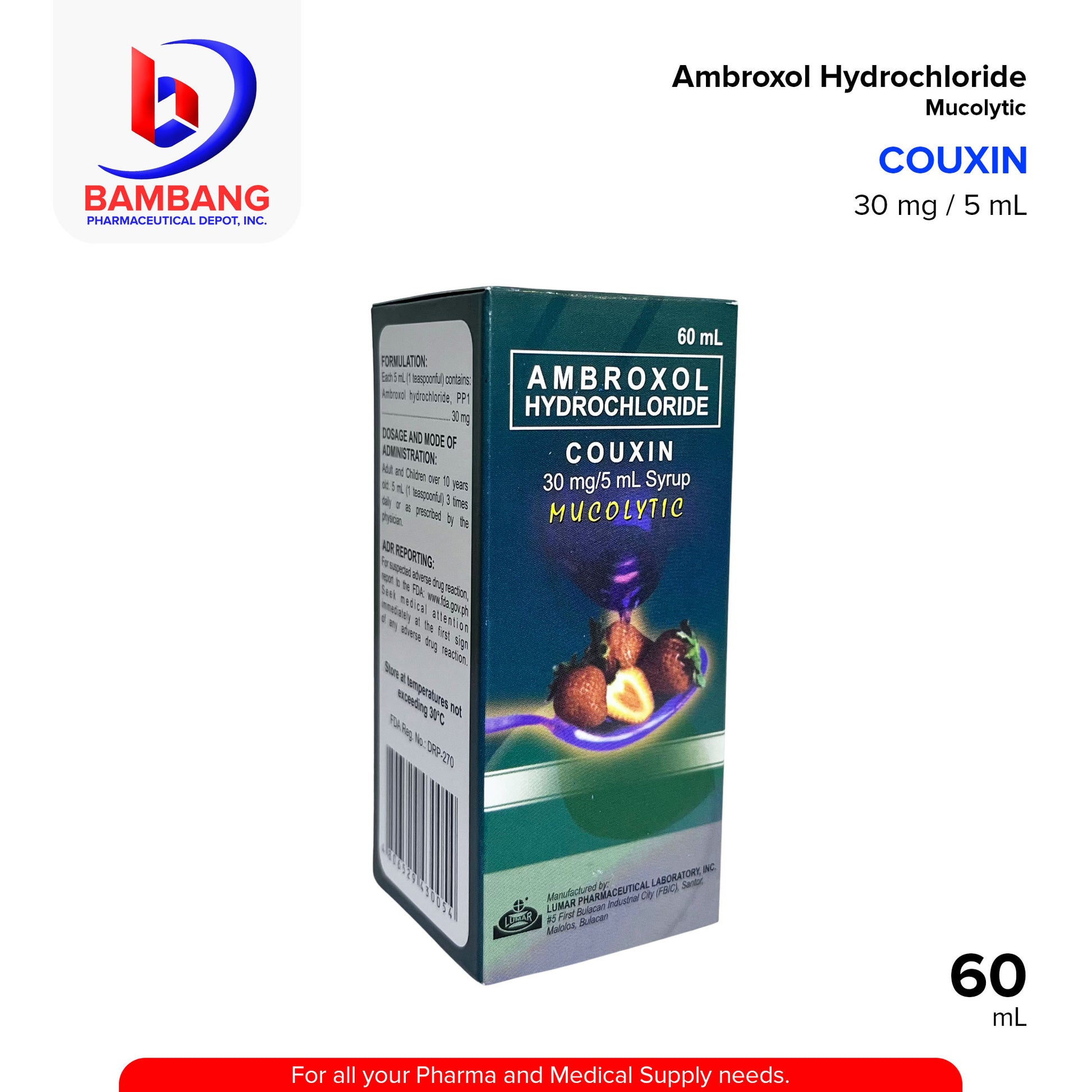 COUXIN Ambroxol Hydrocholoride Mucolytic 30mg/5ml Syrup 60mL