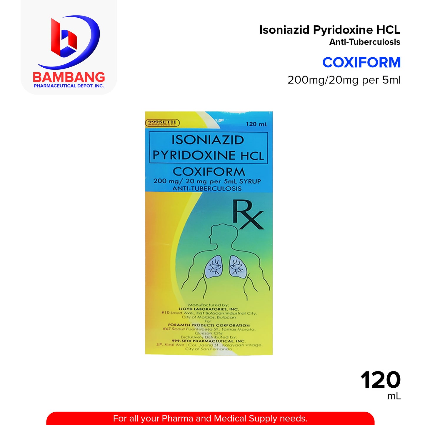 COXIFORM Isoniazid Pyridoxine HCL 200mg/20mg per 5ml Syrup 120ml
