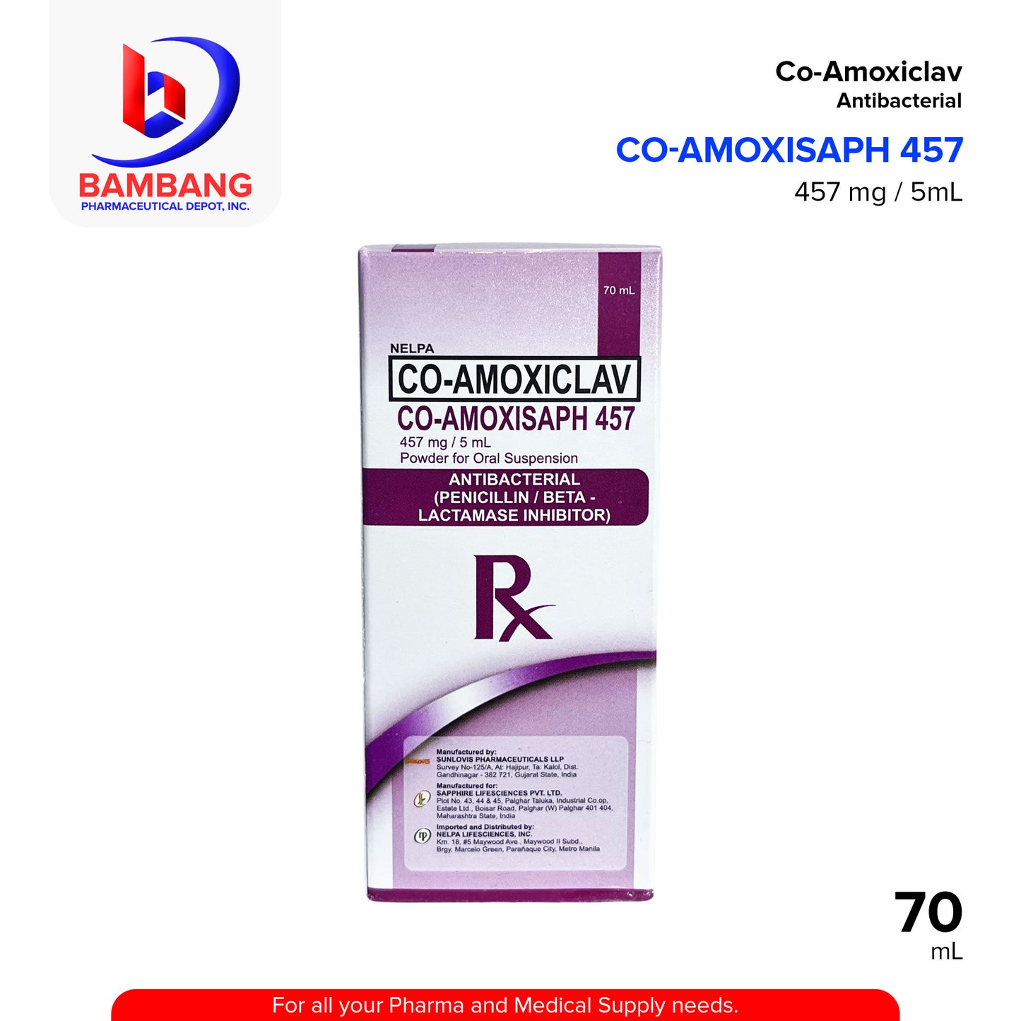 CO AMOMISAPH 457 Co Amoxiclav Antibacterial 457mg/5ml Powder For Oral Suspension 70ml