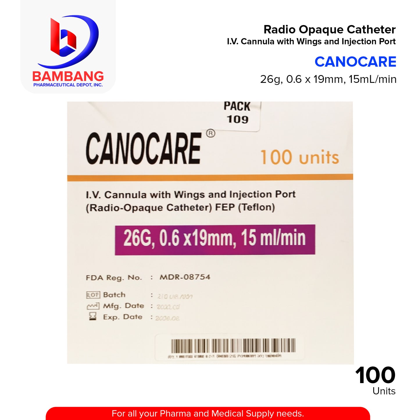 CANNOCARE IV Cannula with Wings and Injection Port Radio Opaque Catheter G26