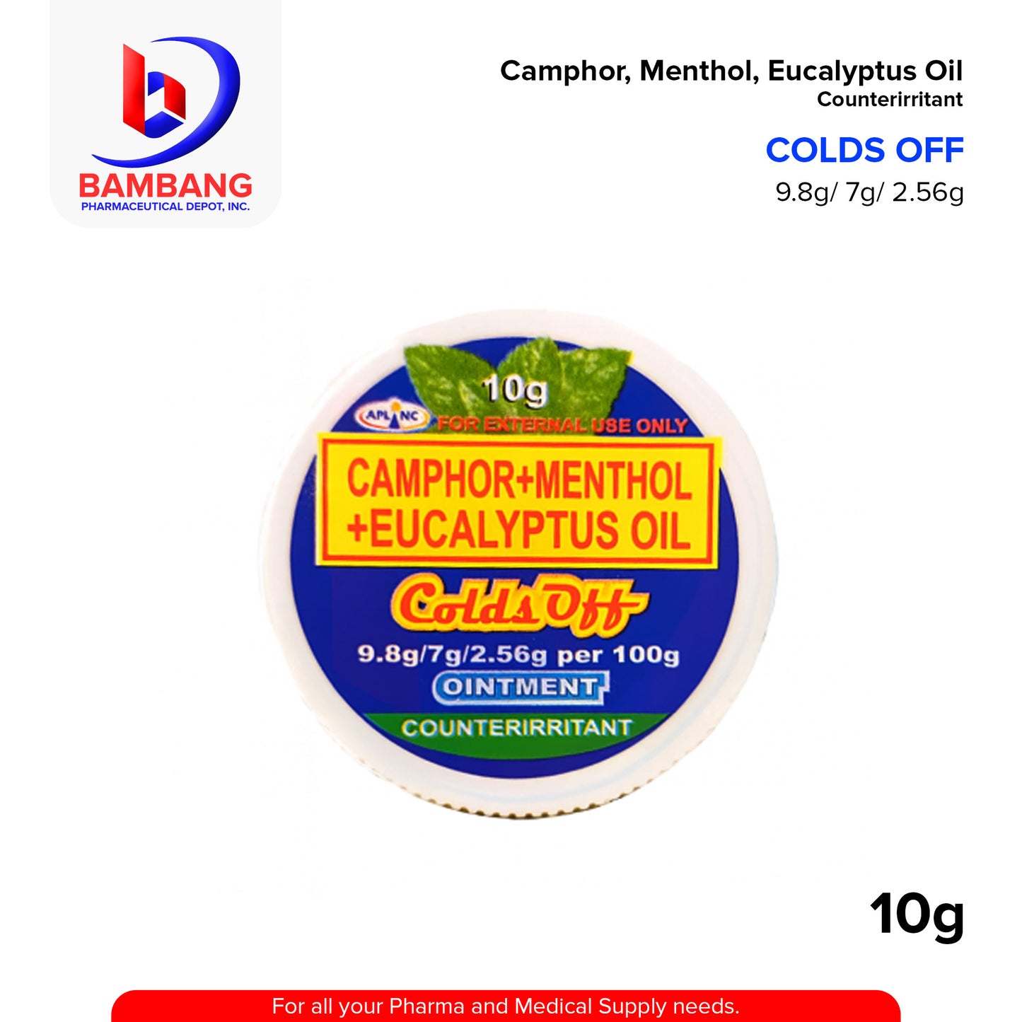 COLDS OFF Camphor + Menthol + Eucalyptus Oil 9.8g/7g/2.56g/ per 100g 10g Pieces 1's