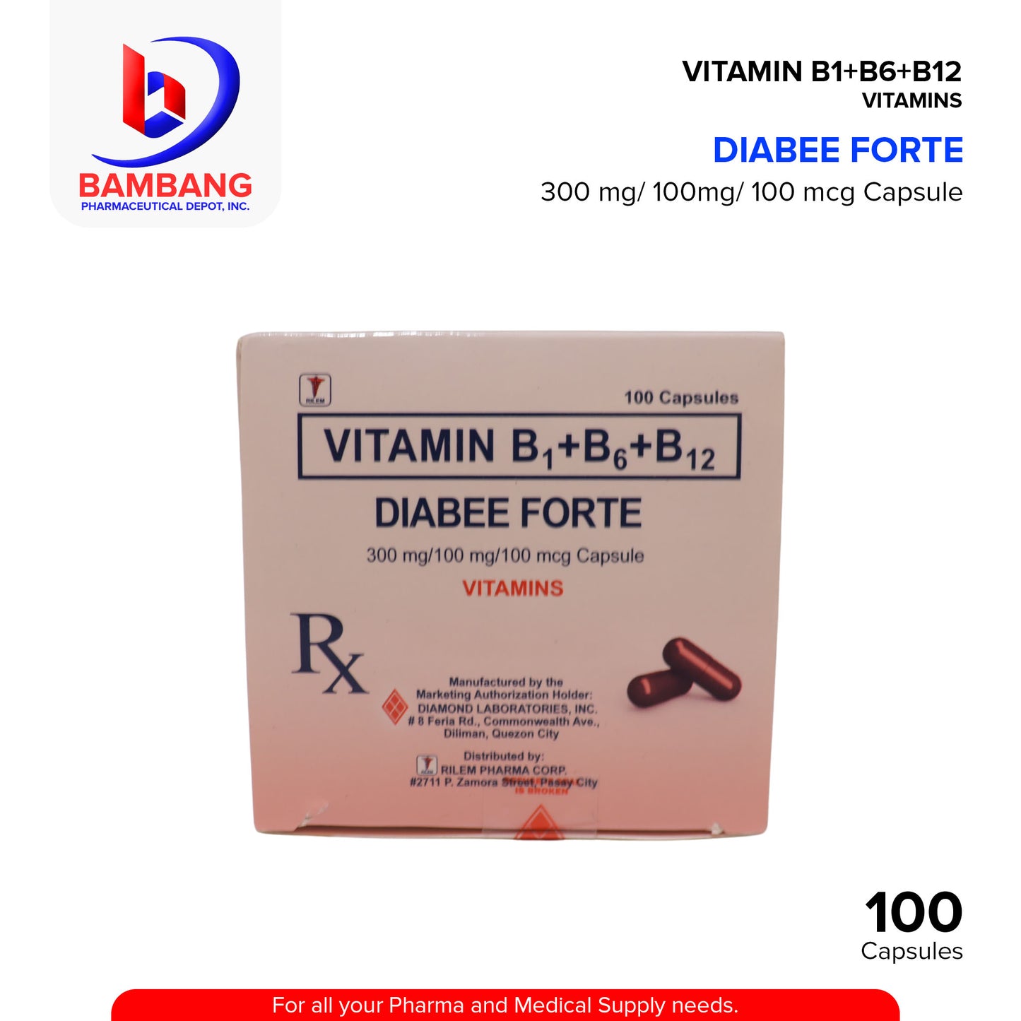 DIABEE FORTE Vitamin B1 B6 B12 300mg / 100mg / 100mcg Capsules 100's