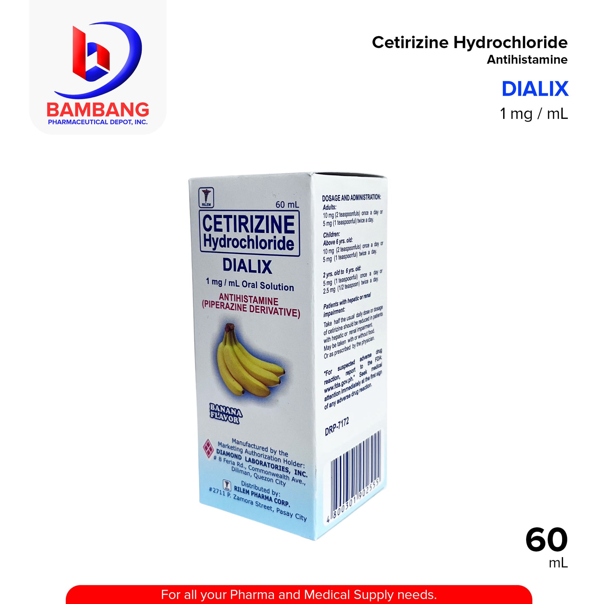 DIALIX Cetirizine Hydrochloride Antihistamine 1 mg / mL 60mL