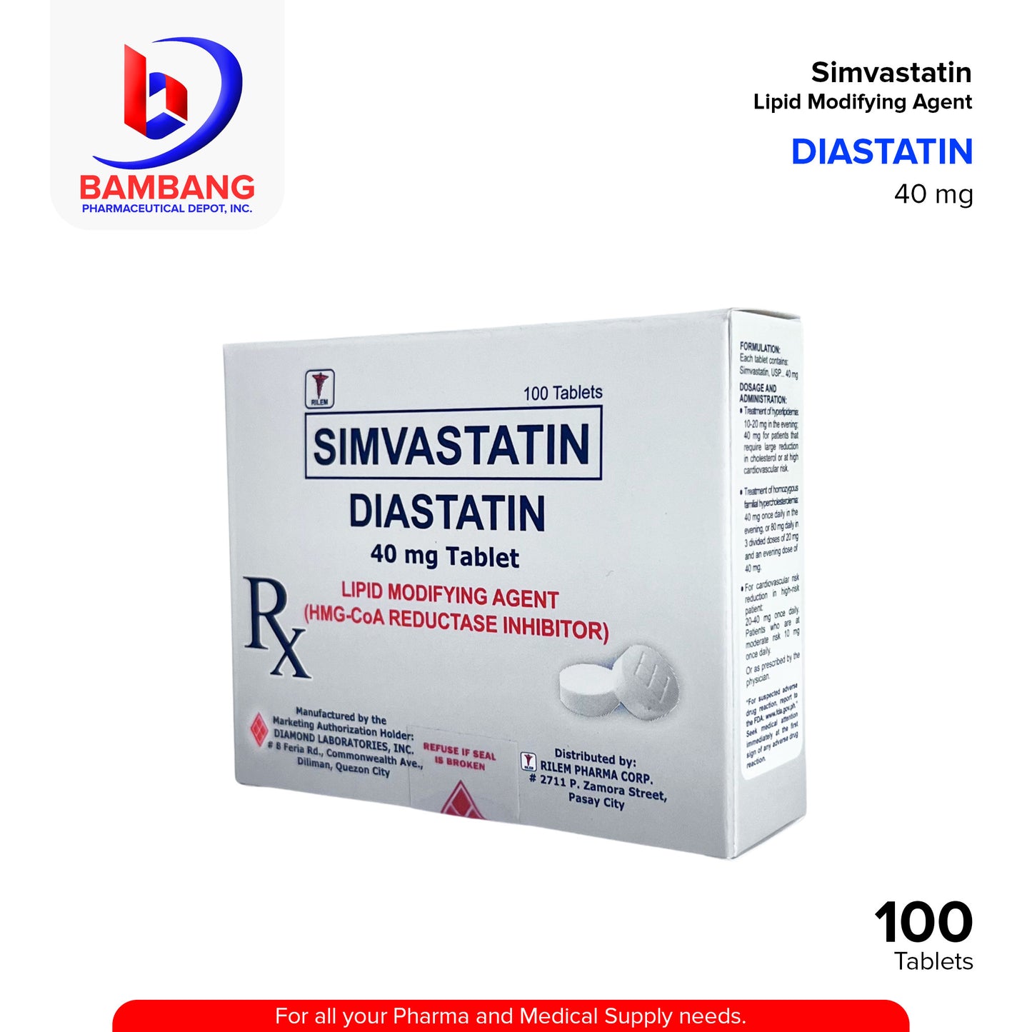 DIASTATIN Simvastatin Lipid Modifying Agent 40mg Tablet 100's