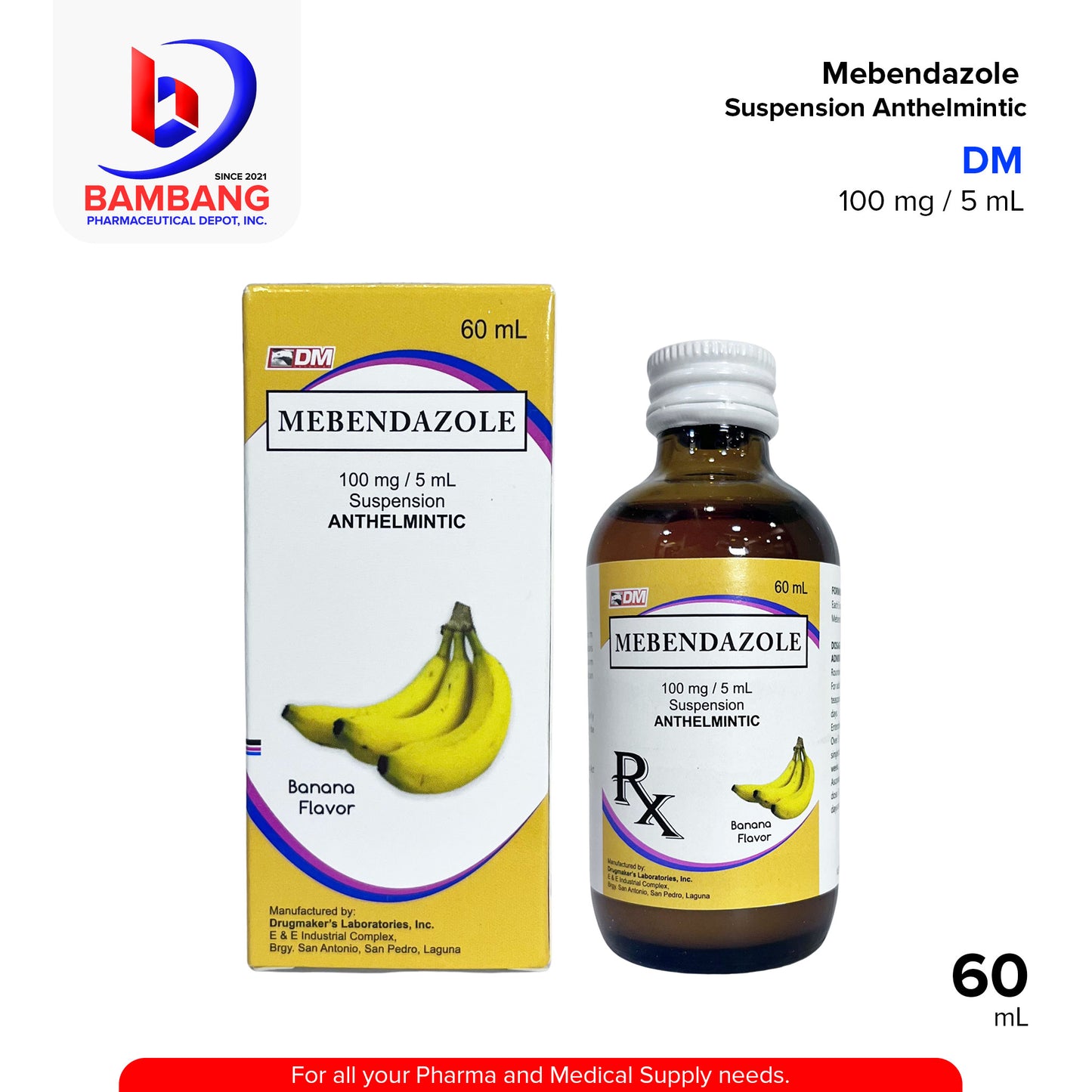 DM Mebendazole Suspension Anthelmintic Banana Flavor 100mg / 5ml suspension 60ml