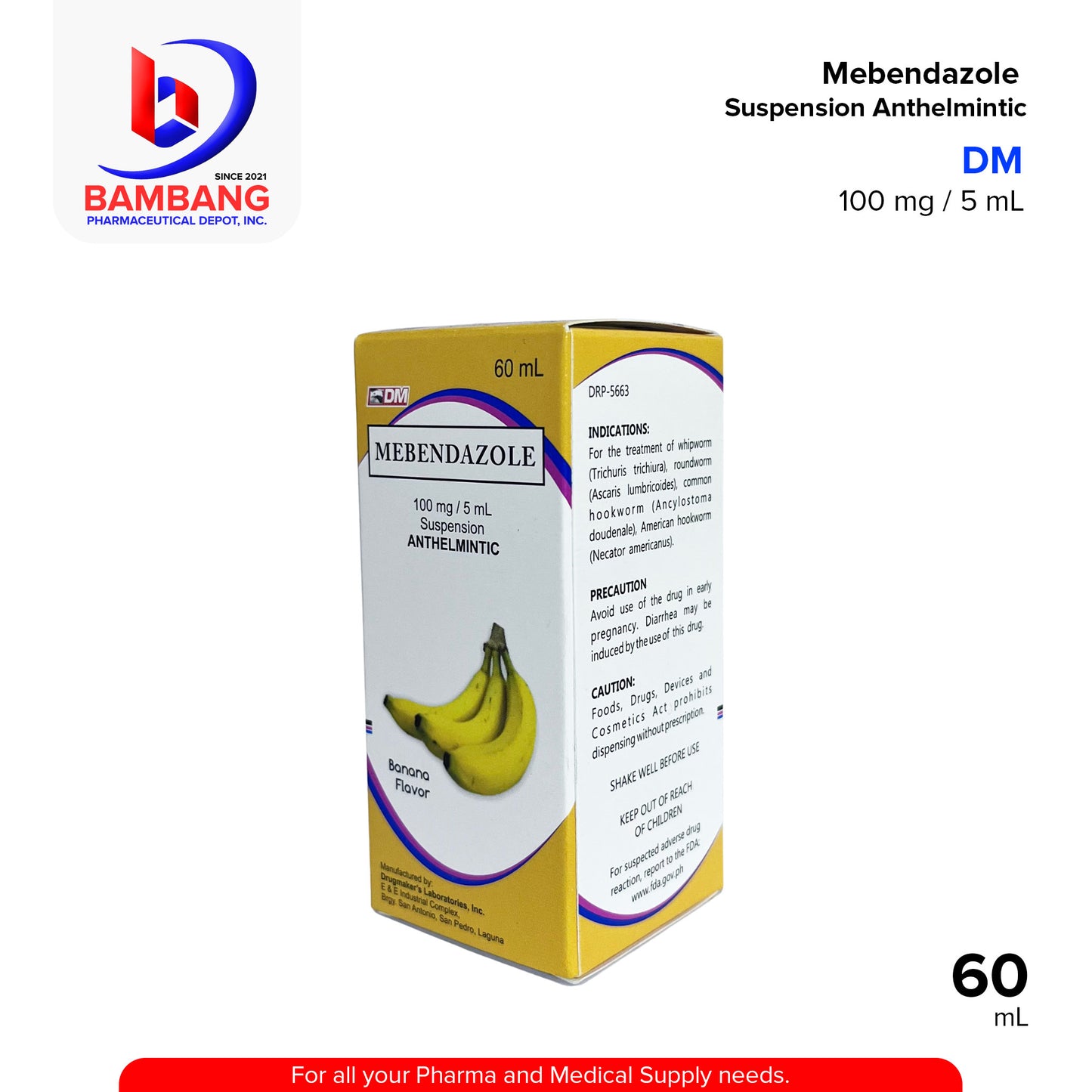 DM Mebendazole Suspension Anthelmintic Banana Flavor 100mg / 5ml suspension 60ml
