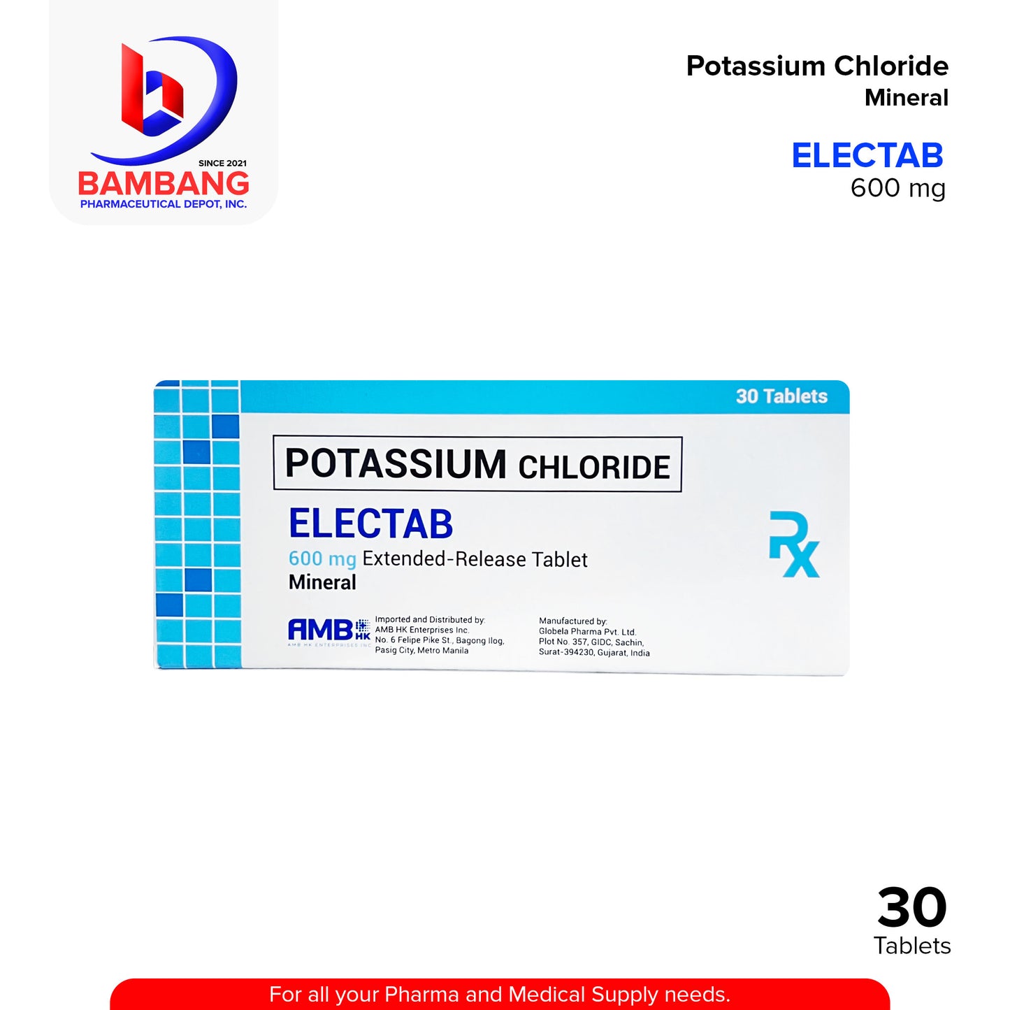 ELECTAB Potassium Chloride Mineral Extended Release Tablet 600 mg 30's