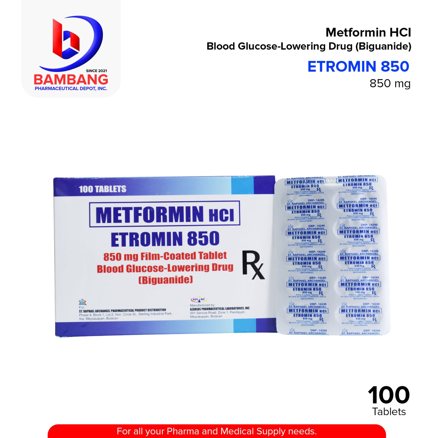 ETROMIN Metformin Blood Glucose Lowering Drug Biguanide 850mg Film-Coated Tablet 100's