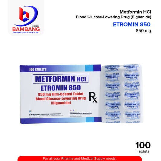 ETROMIN Metformin Blood Glucose Lowering Drug Biguanide 850mg Film-Coated Tablet 100's