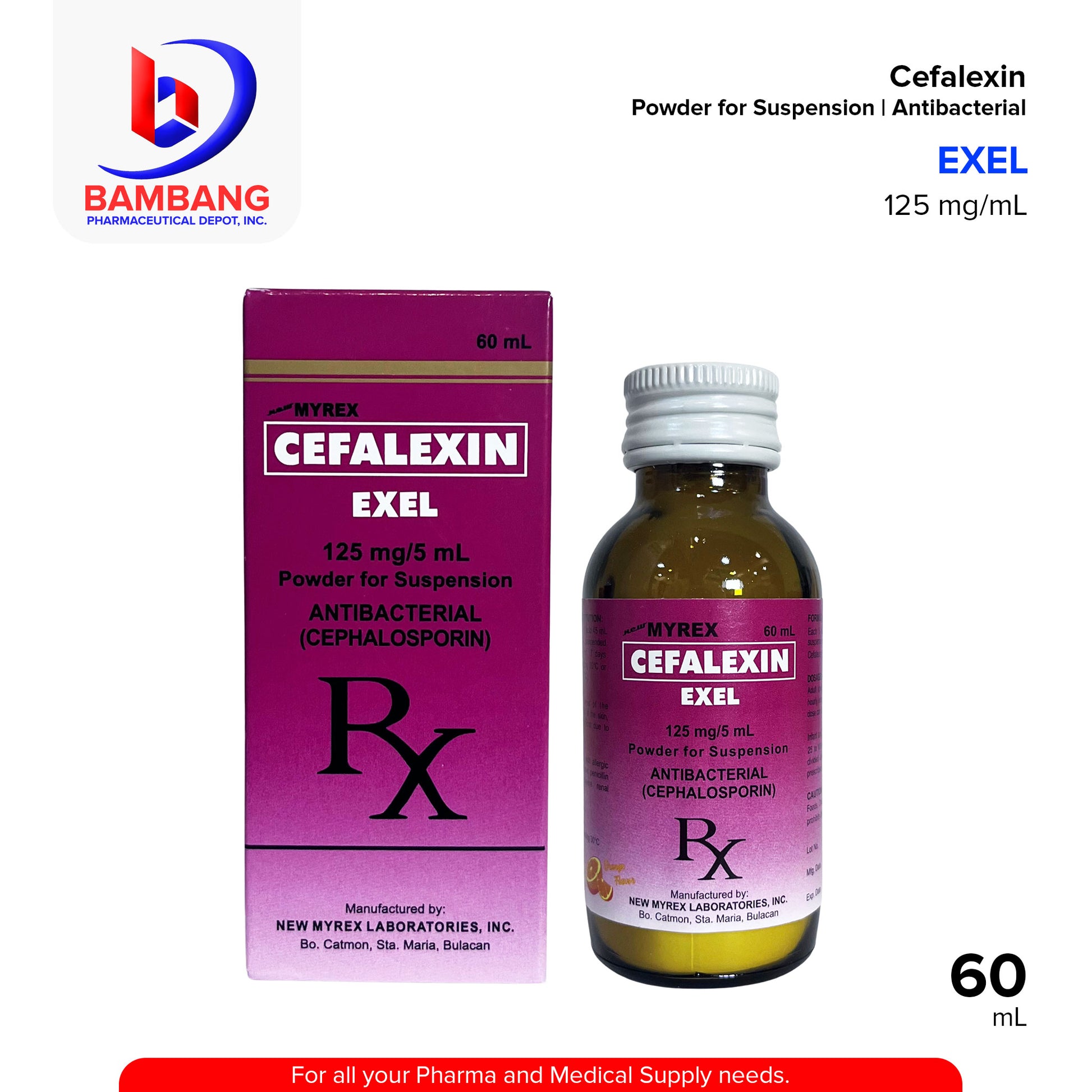 EXEL Cefalexin Powder for Suspension Antibacterial 125 mg/5mL 60mL