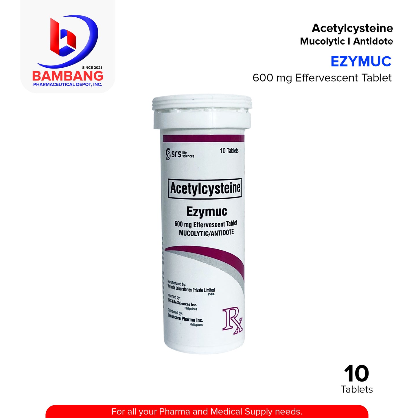 EZYMUC Acetylcysteine 600mg Effervescent Tablet 10's