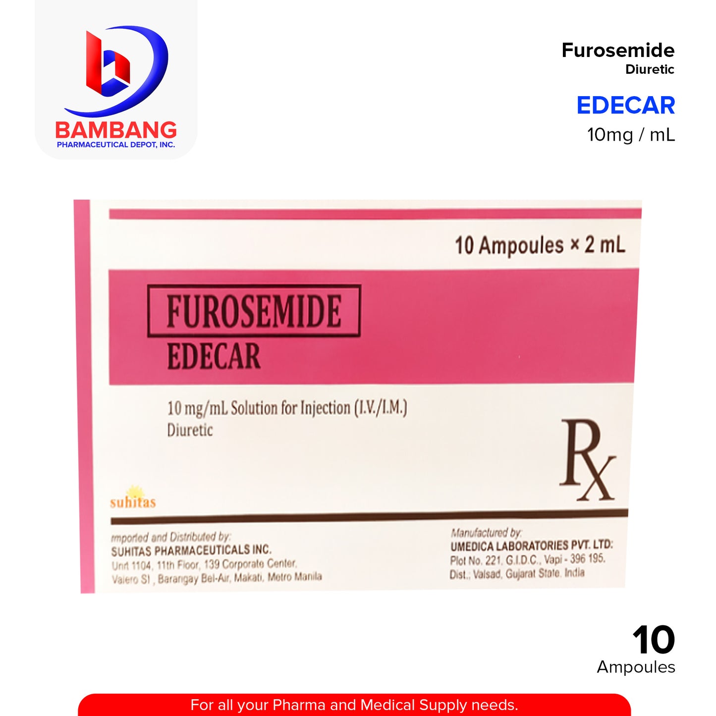 EDECAR Furosemide 10mg/ml Solution for Injection (IV/IM) 10 Ampoules x 2ml