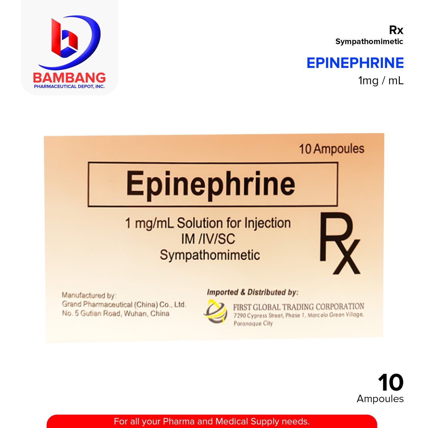 GRANDPHARMA Epinephrine 1mg / ml IM/ IV/ SC Ampoules 10's