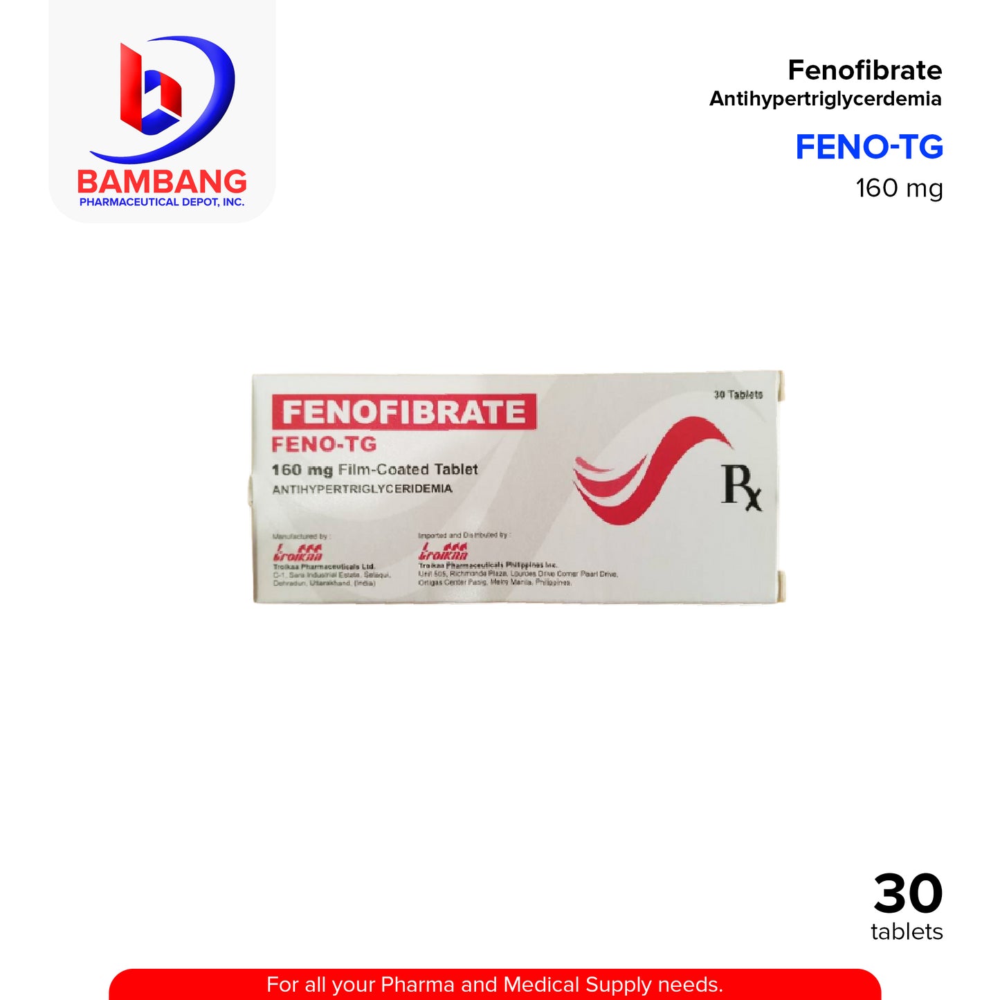 Box of Fenofibrate tablets with Bambang Pharmaceutical logo on a white background
