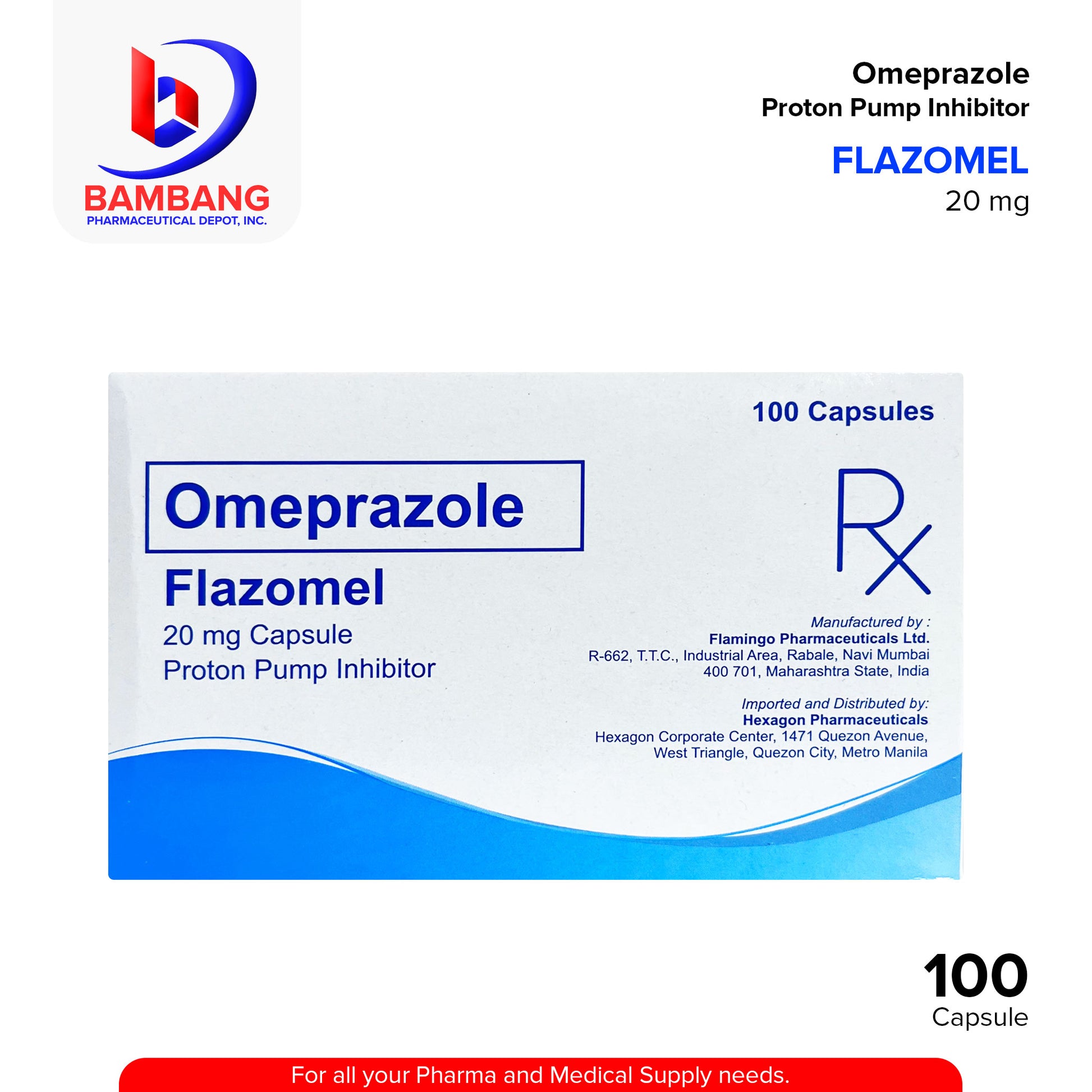 FLAZOMEL Omeprazole 20mg Proton Pump Inhibitor Capsule 100's
