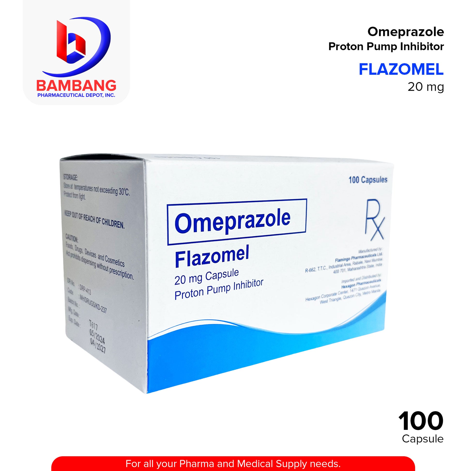 FLAZOMEL Omeprazole 20mg Proton Pump Inhibitor Capsule 100's