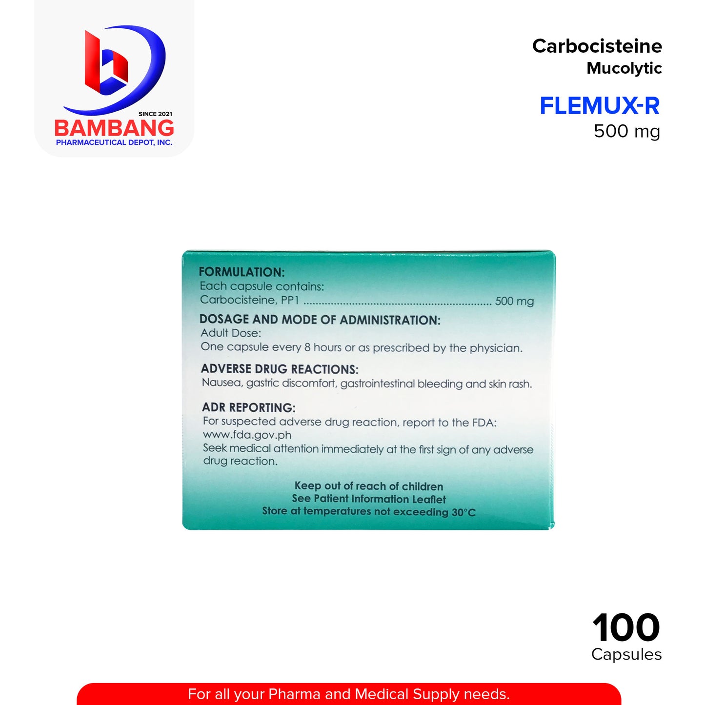 FLEMUX 4 Carbocisteine Mucolytic 500 mg Capsules 100's