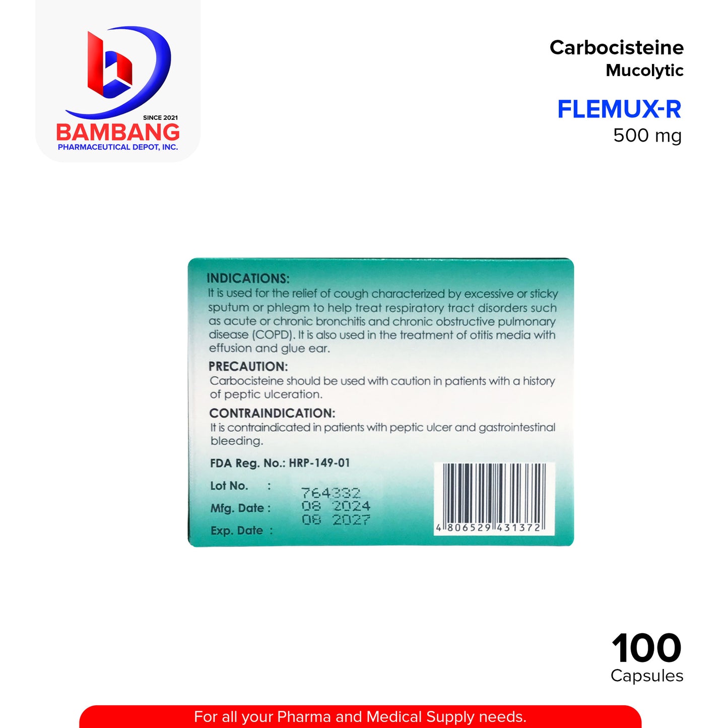 FLEMUX 4 Carbocisteine Mucolytic 500 mg Capsules 100's