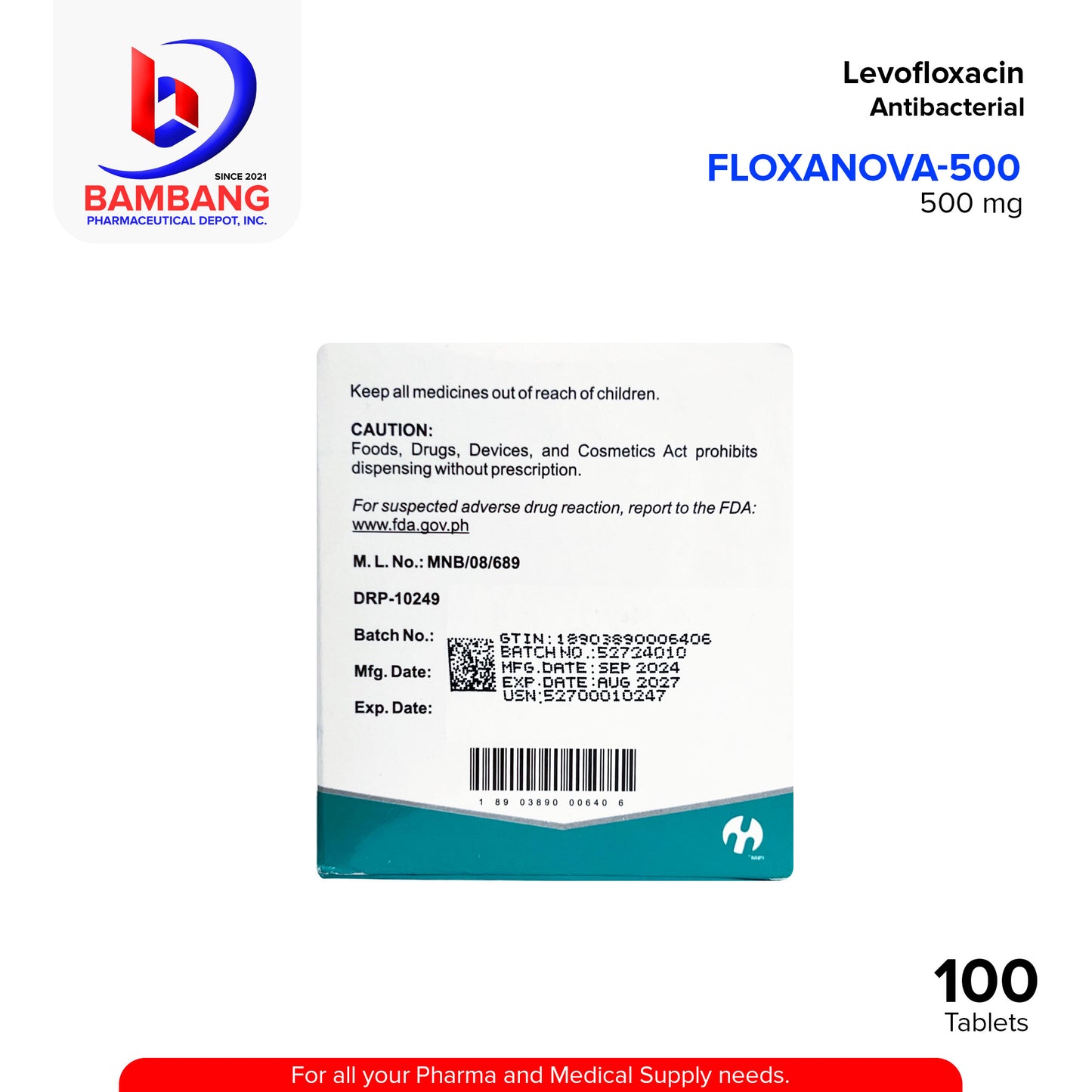 FLOXANOVA-500 Levofloxacin Antibacterial Film Coated Tablet 500 mg Tablet 100's