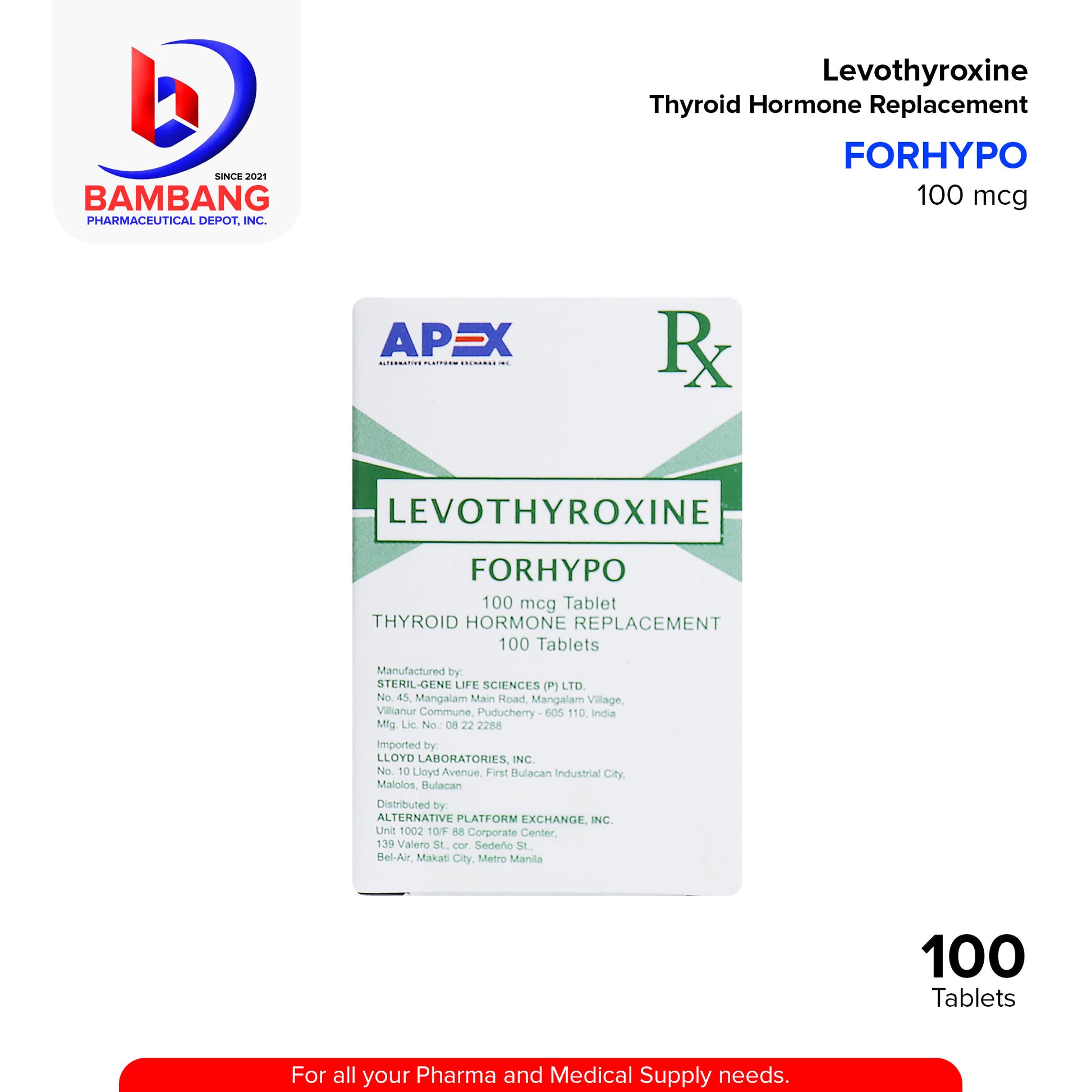 FORHYPO Levothyroxine Thyroid Hormone Replacement 100 mcg Tablet 100's