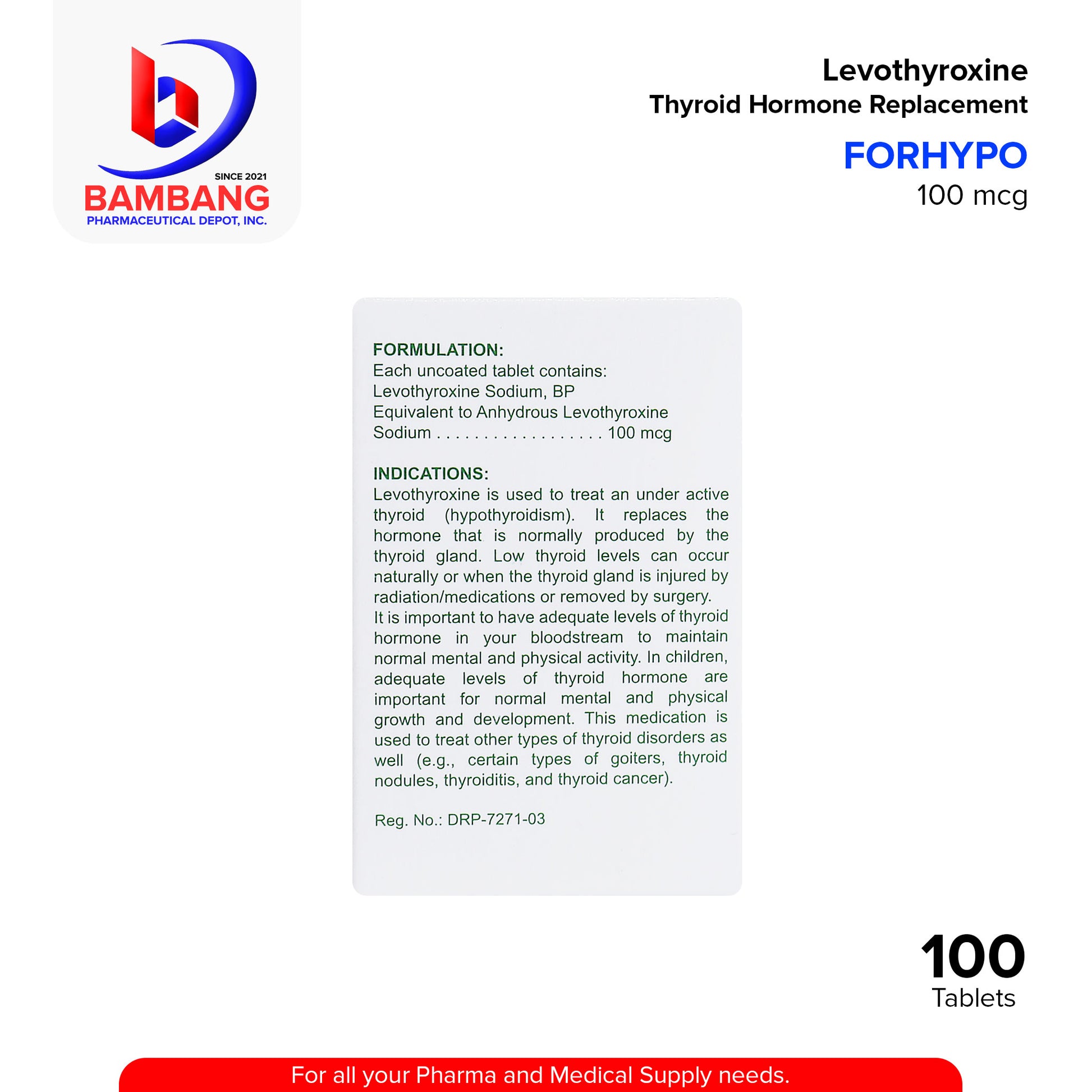 FORHYPO Levothyroxine Thyroid Hormone Replacement 100 mcg Tablet 100's