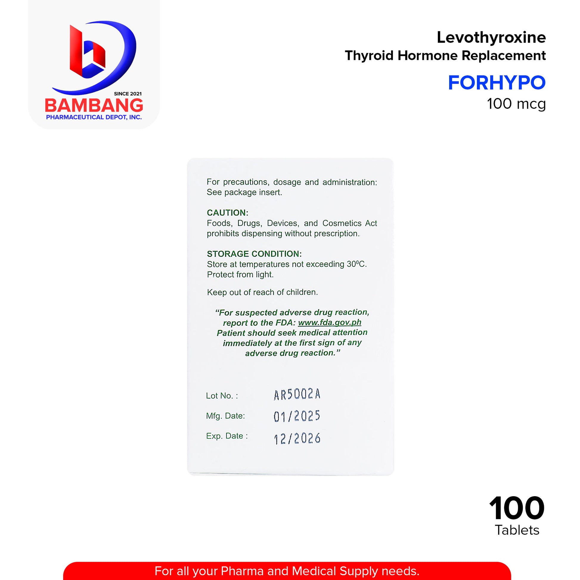 FORHYPO Levothyroxine Thyroid Hormone Replacement 100 mcg Tablet 100's