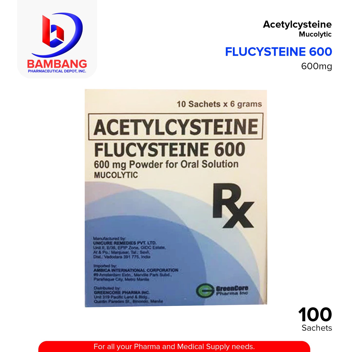 FLUCYSTEINE Acetylcysteine 600mg Powder for Oral Solution 6grams Sachet 10's