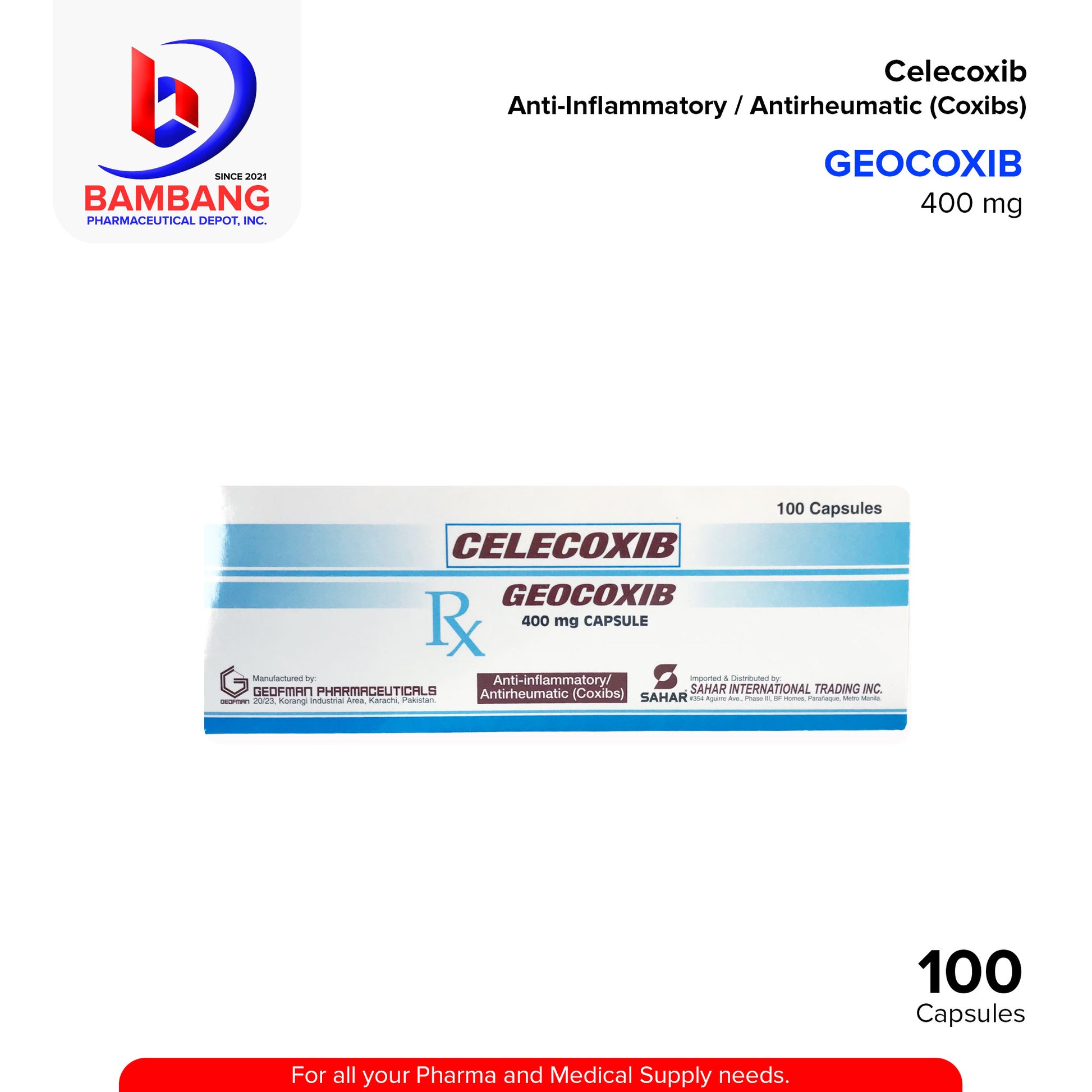 GEOCOXIB Celecoxib Anti Inflammatory Antirheumatic (Coxibs) 400 mg Capsules 100's