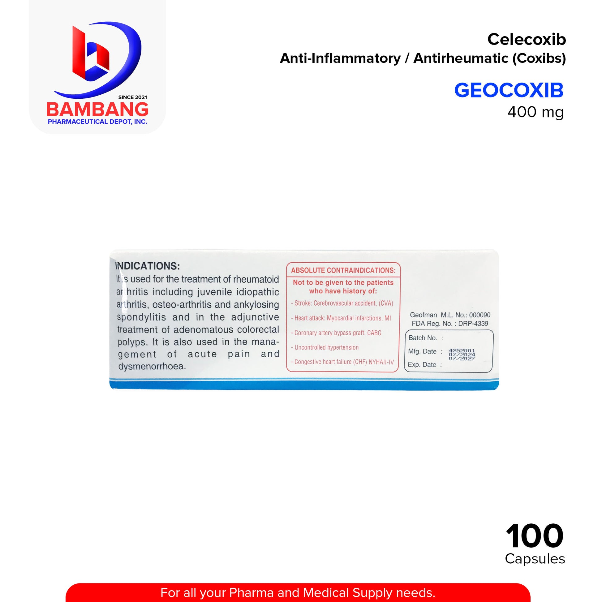GEOCOXIB Celecoxib Anti Inflammatory Antirheumatic (Coxibs) 400 mg Capsules 100's