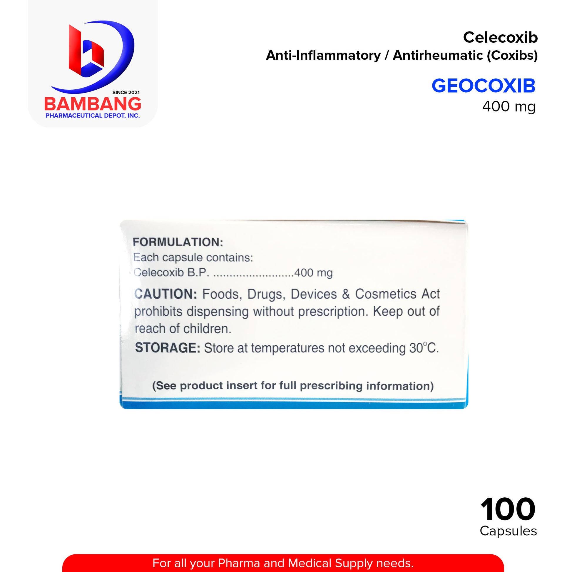 GEOCOXIB Celecoxib Anti Inflammatory Antirheumatic (Coxibs) 400 mg Capsules 100's