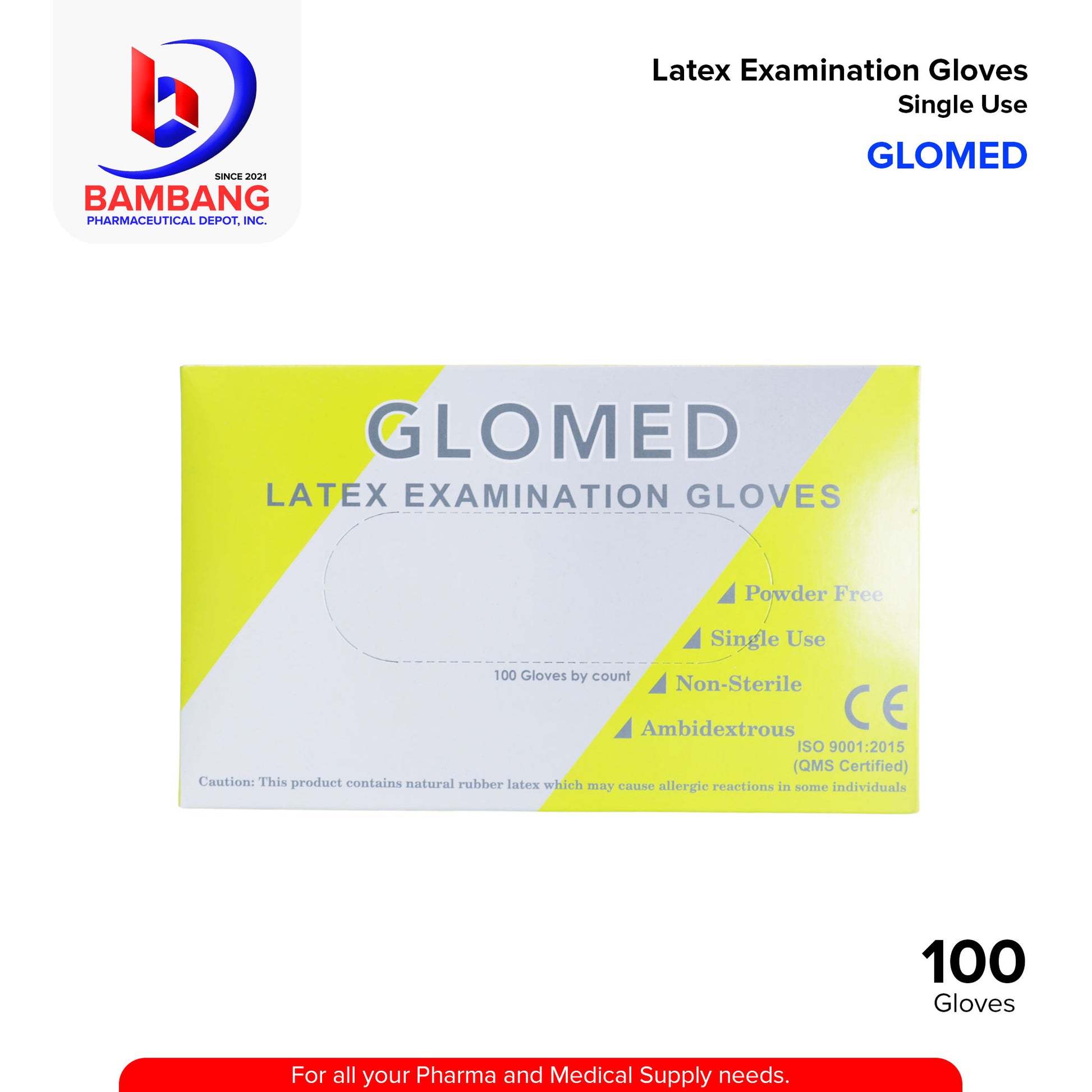 GLOMED Latex Examination Gloves Medium Size Powder Free Single Use Non Sterile Ambidextrous 100's