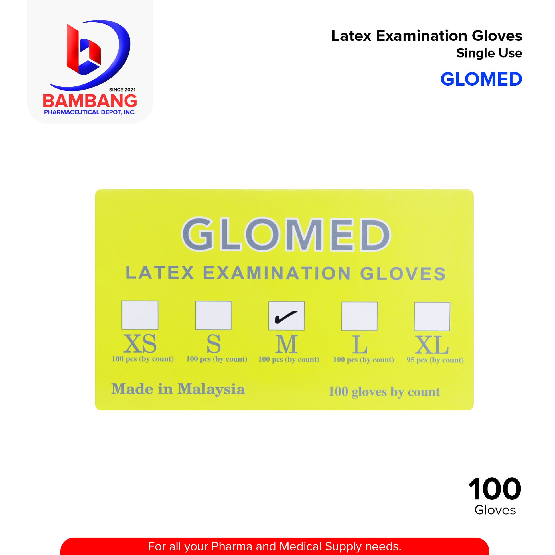 GLOMED Latex Examination Gloves Medium Size Powder Free Single Use Non Sterile Ambidextrous 100's