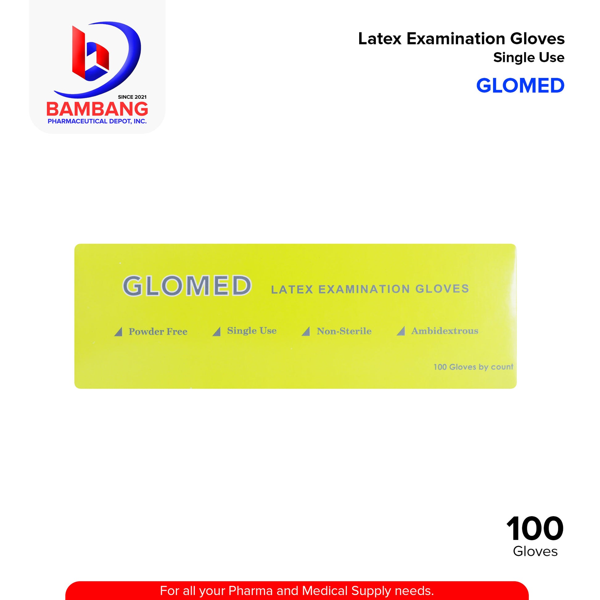 GLOMED Latex Examination Gloves Medium Size Powder Free Single Use Non Sterile Ambidextrous 100's