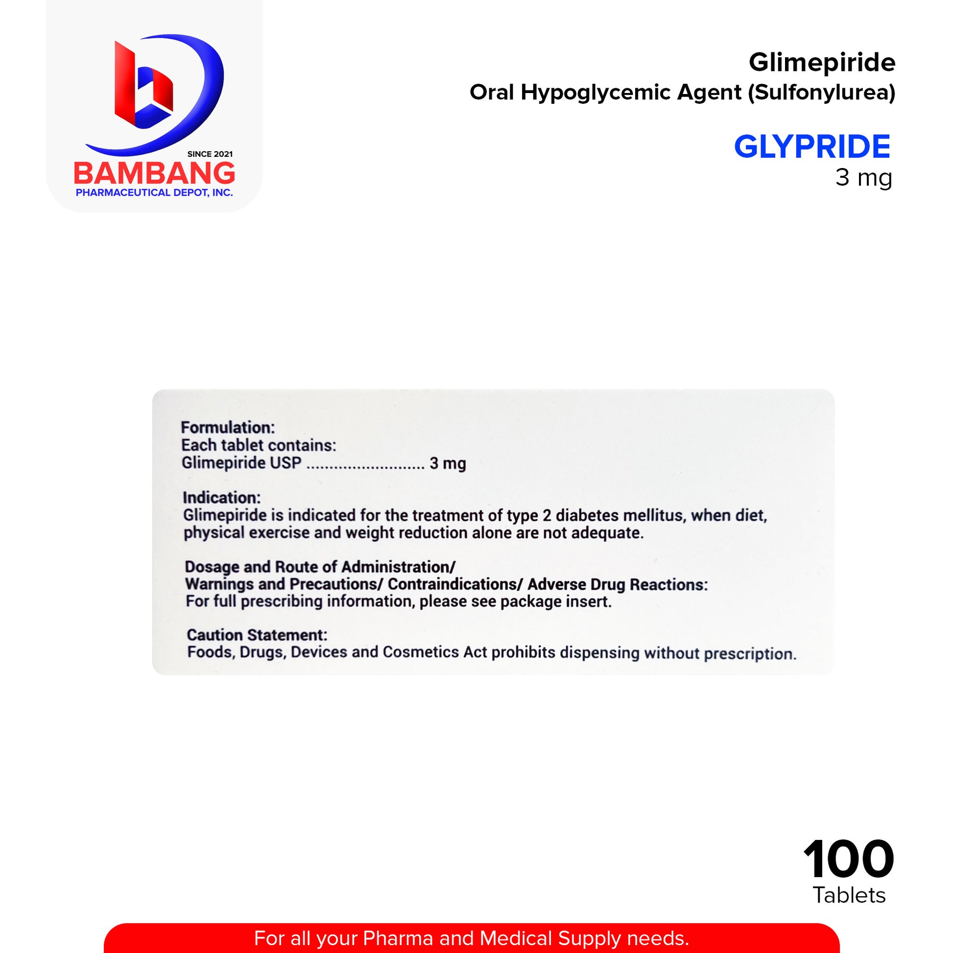 GLYPRIDE Glimepiride Oral Hypoglycemic Agent Sulfonylurea 3 mg Tablet 100's
