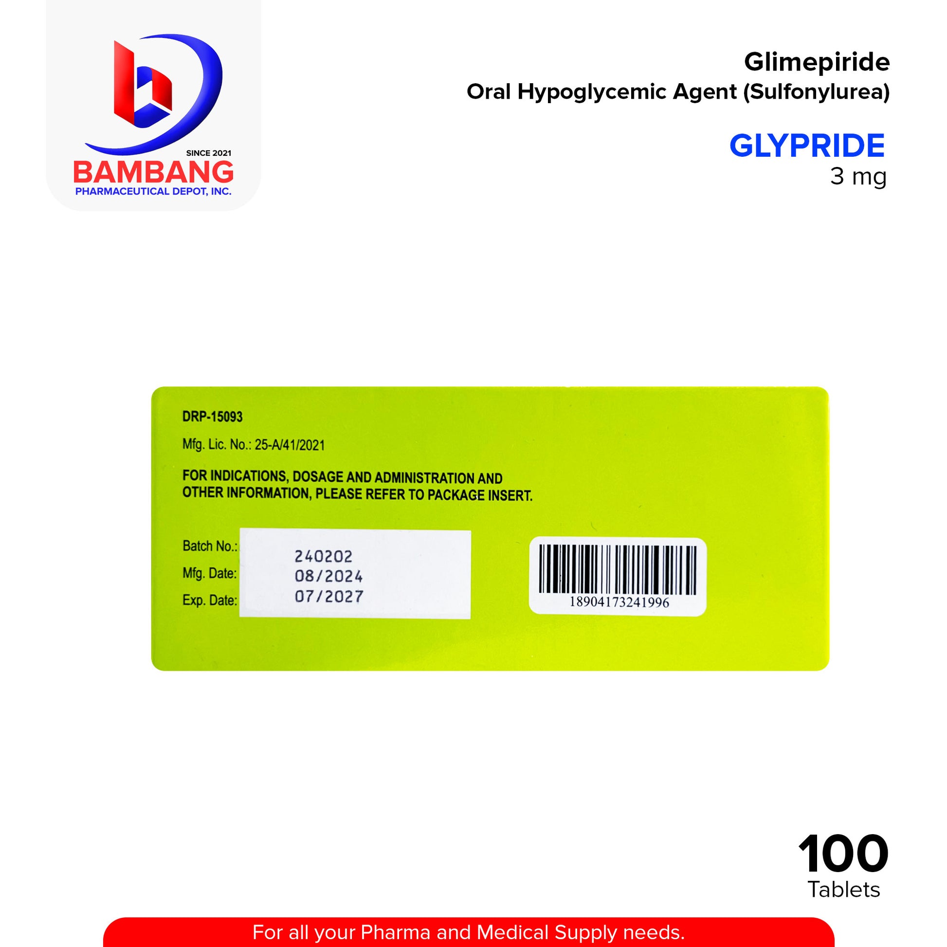 GLYPRIDE Glimepiride Oral Hypoglycemic Agent Sulfonylurea 3 mg Tablet 100's