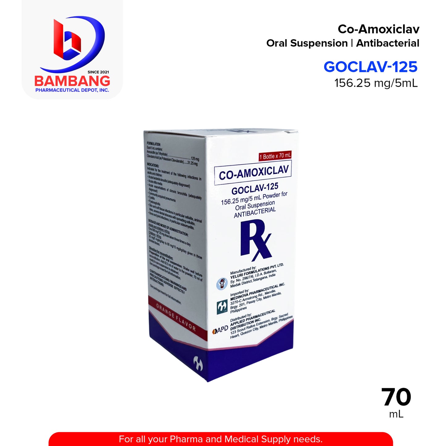 GOCLAV-125 Co-Amoxiclav Powder for Oral Suspension Antibacterial 156.25 mg / 5 mL 70mL Bottle 1's