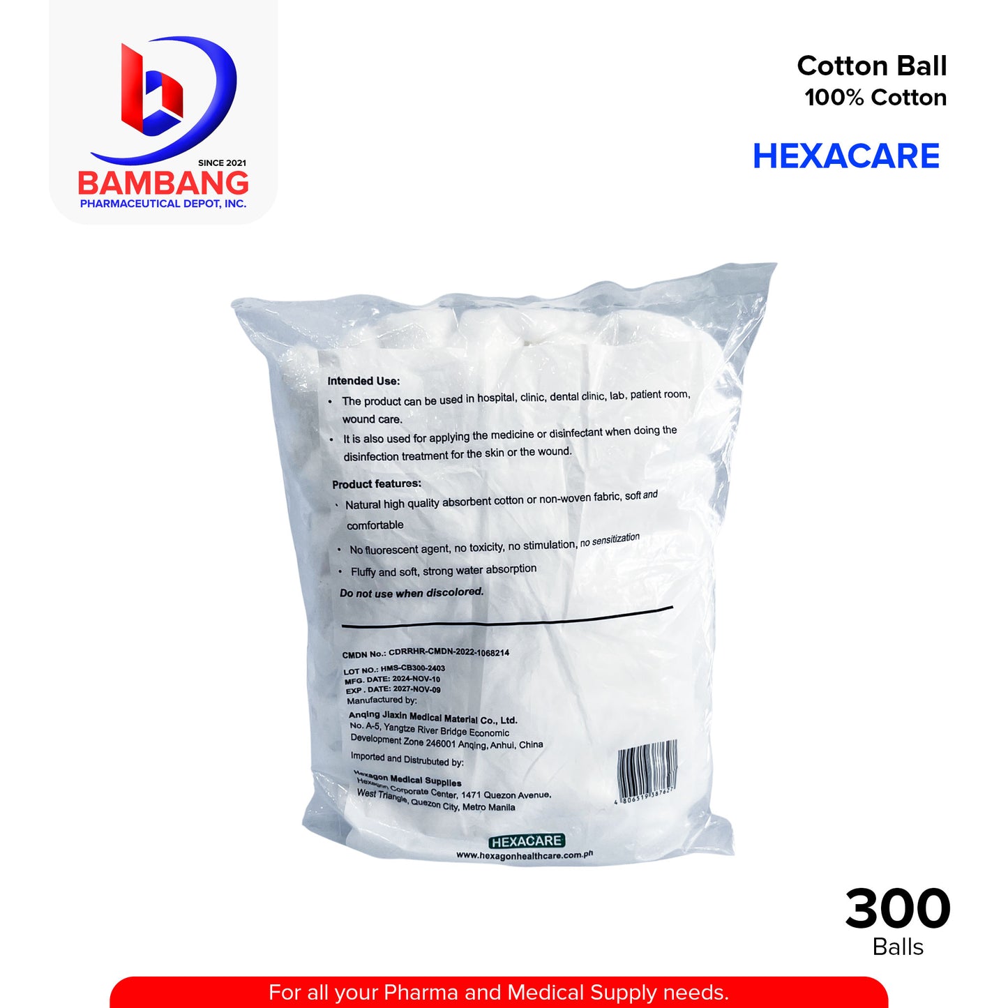 HEXACARE 100% Cotton Balls 0.3g/pc 300's