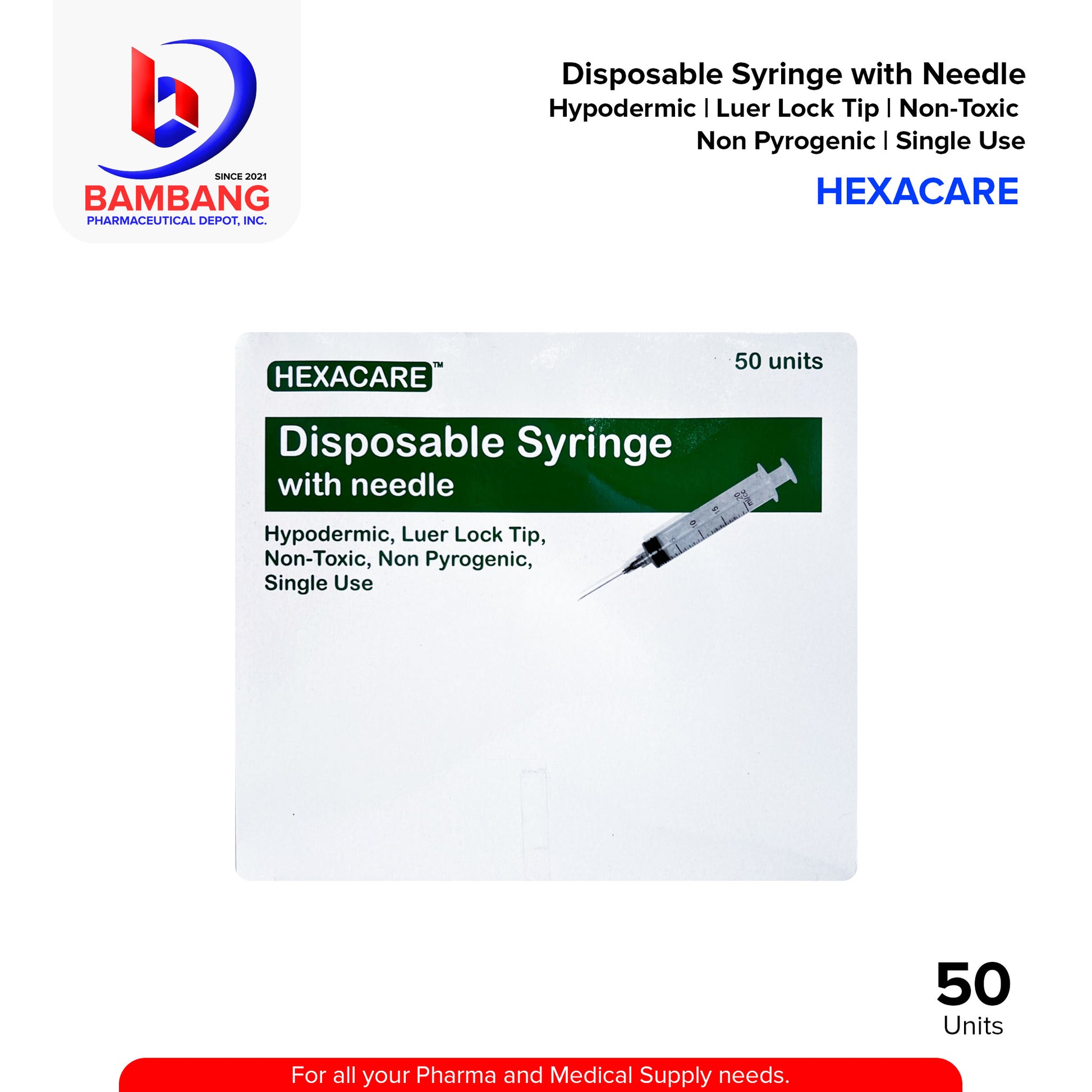 HEXACARE Disposable Syringe with Needle Hypodermic Luer Lock Tip Non Toxic Non Pyrogenic and Single Use Unit 50's
