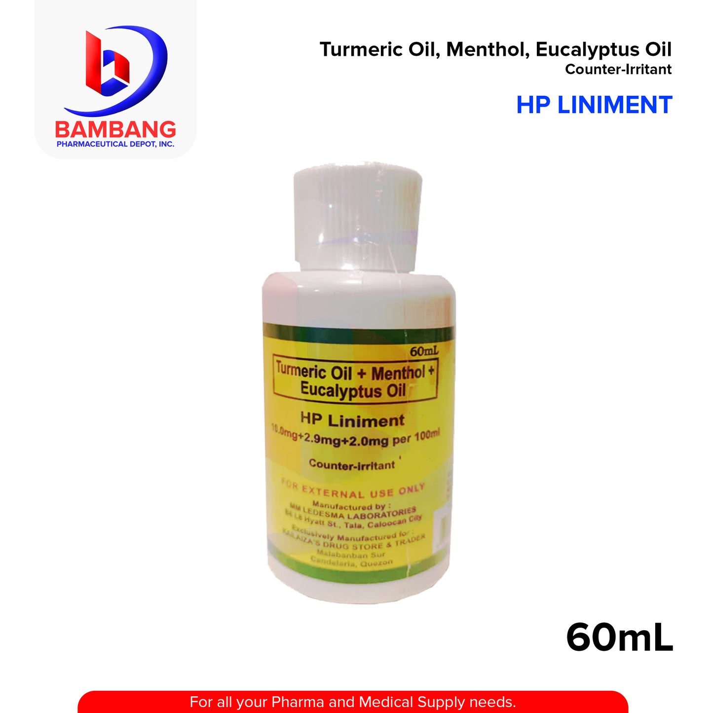 HP LINIMENT Turmeric Oil + Menthol + Eucalyptus Oil 10.0mg/2.9mg/2.0mg per 100ml Counter Irritant 60ml