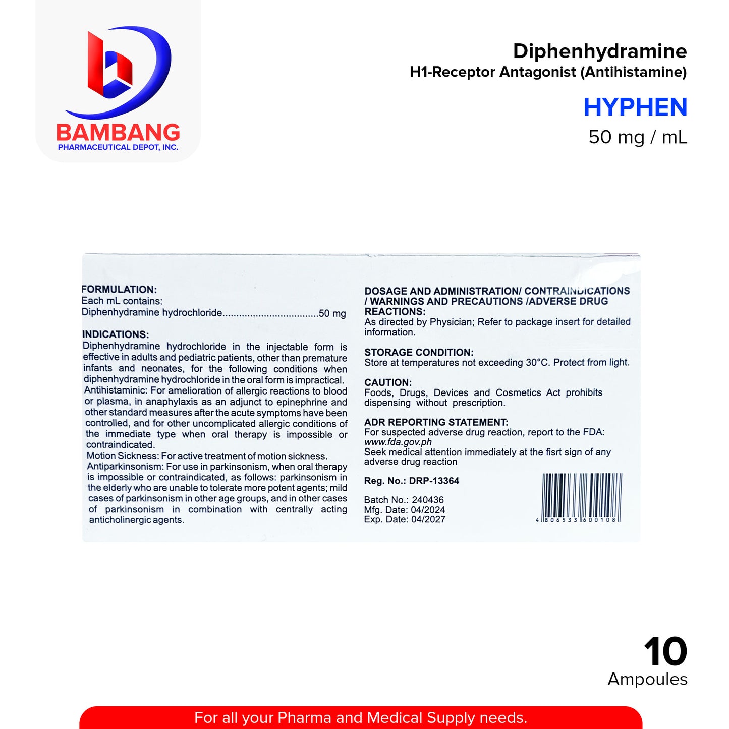 HYPHEN Diphenhydramine HCI 50mg/ml Solution for Injection (IM/IV) 1 ml x 10 Ampoules