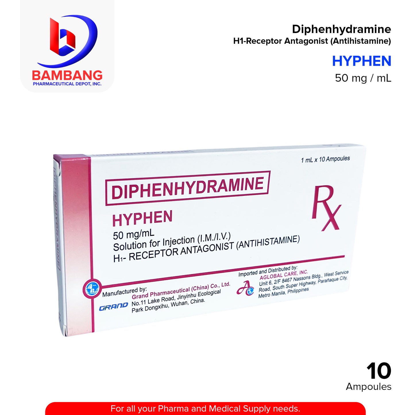 HYPHEN Diphenhydramine HCI 50mg/ml Solution for Injection (IM/IV) 1 ml x 10 Ampoules
