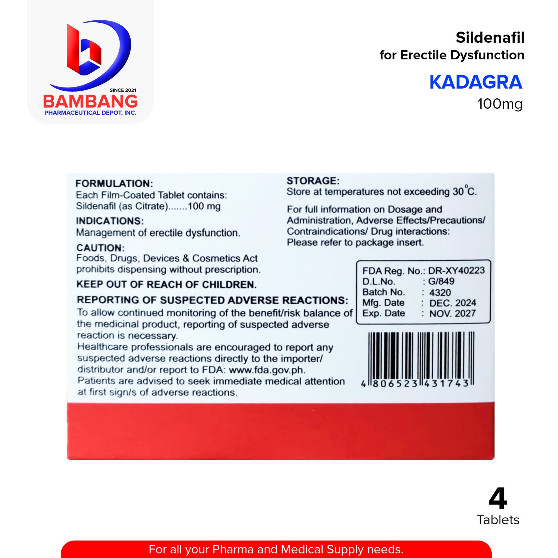 KADAGRA Sildenafil for Erectile Dysfunction 100 mg Tablet 4's