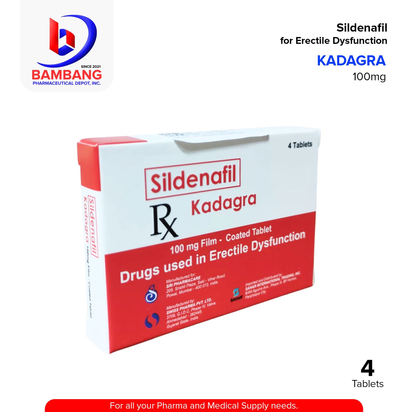 KADAGRA Sildenafil for Erectile Dysfunction 100 mg Tablet 4's