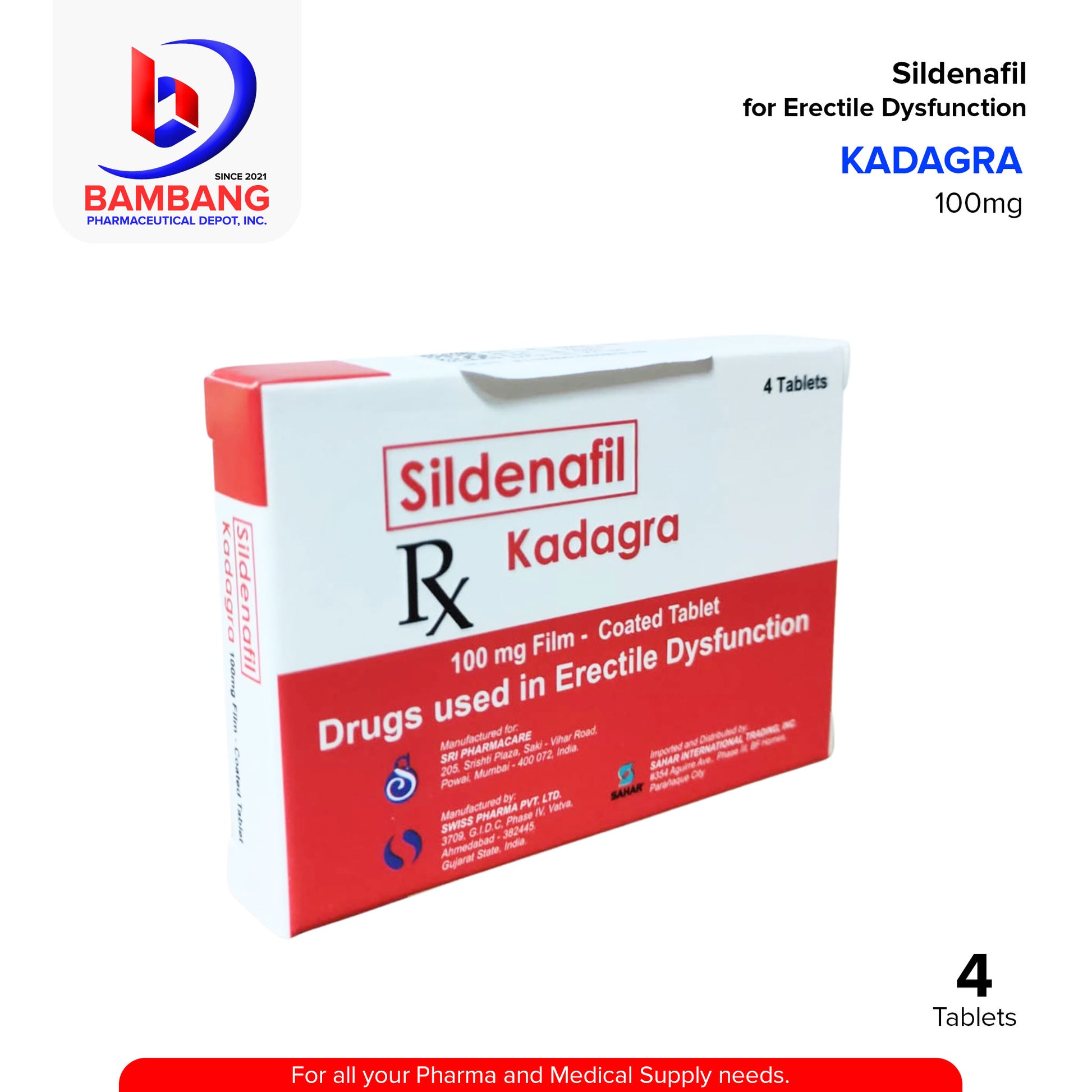 KADAGRA Sildenafil for Erectile Dysfunction 100 mg Tablet 4's