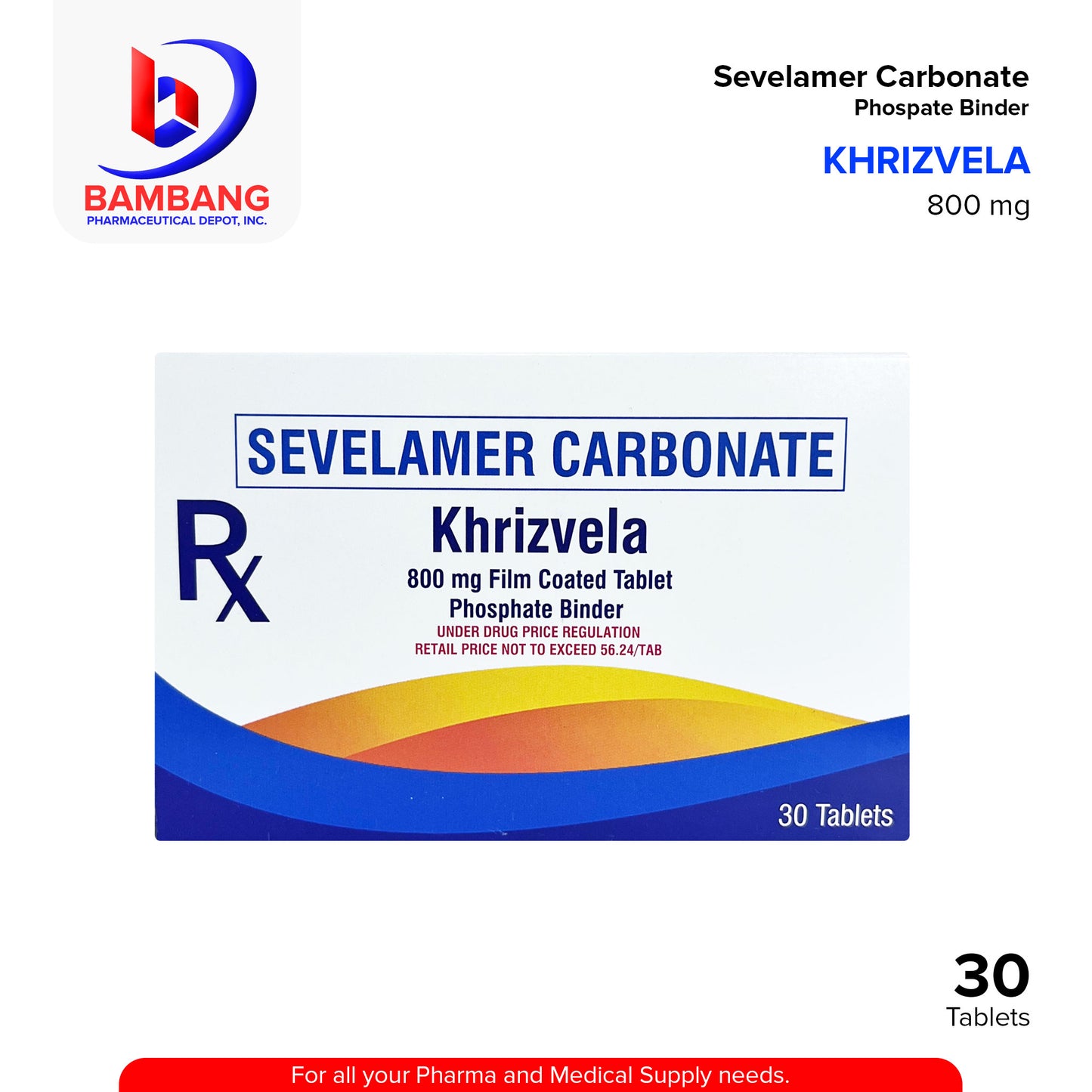 KHRIZVELA Sevelamer Carbonate Phosphate Binder 800 mg Tablet 30's